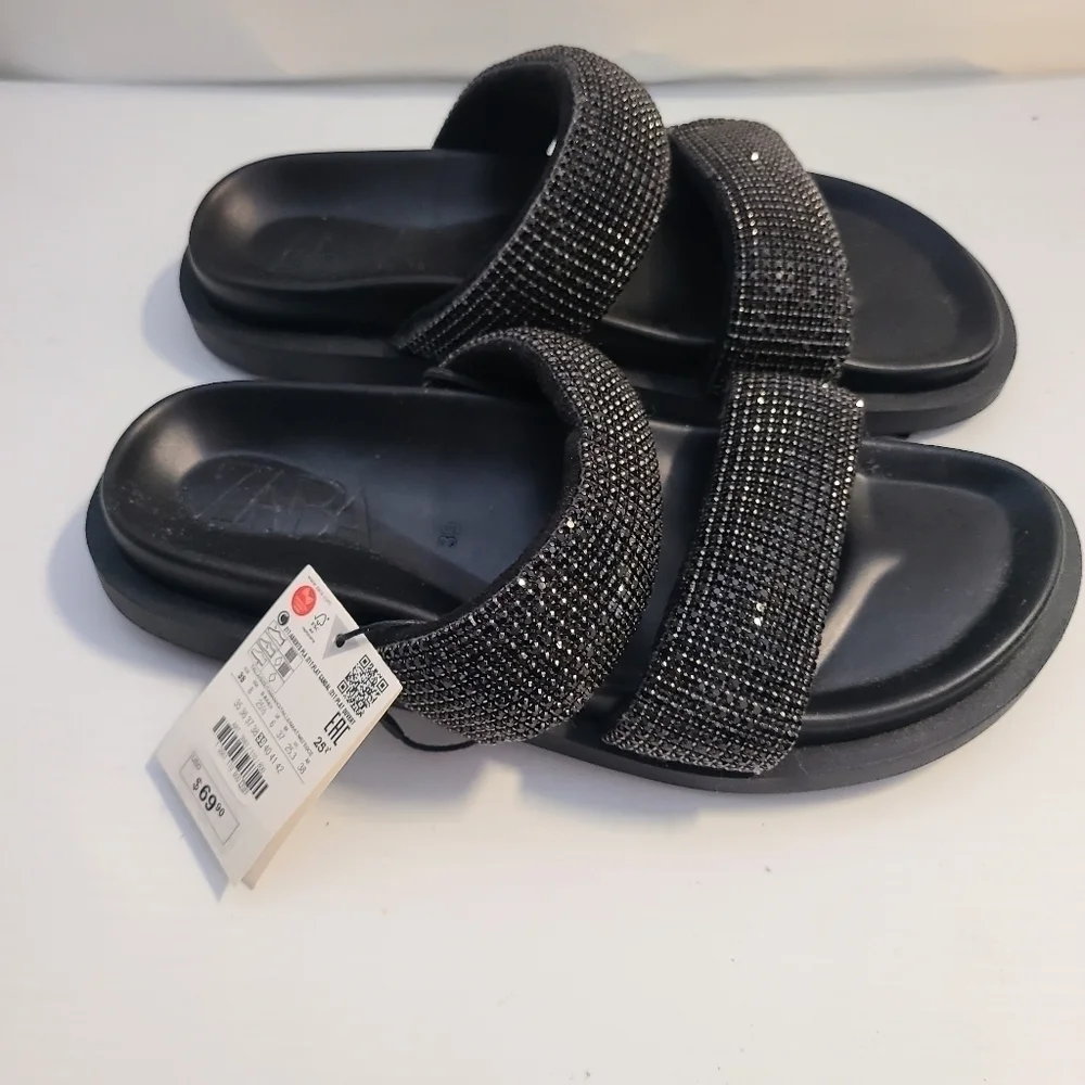ZARA FLAT SLIDER SANDALS WITH RHINESTONES BLACK SIZE 7.5| 3661/110/800